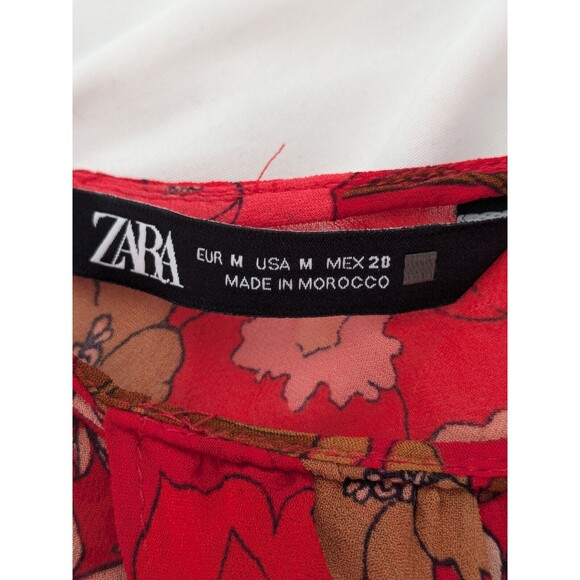 Zara Blouse Womens sz M Red Floral Print Ruffle Sheer Romantic Boho Chic Peasant - Picture 2 of 15